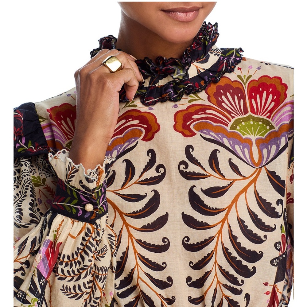 FARM RIO Classic Nature Sand Ruffled Long Sleeve Blouse Size M NWT - Picture 4 of 11
